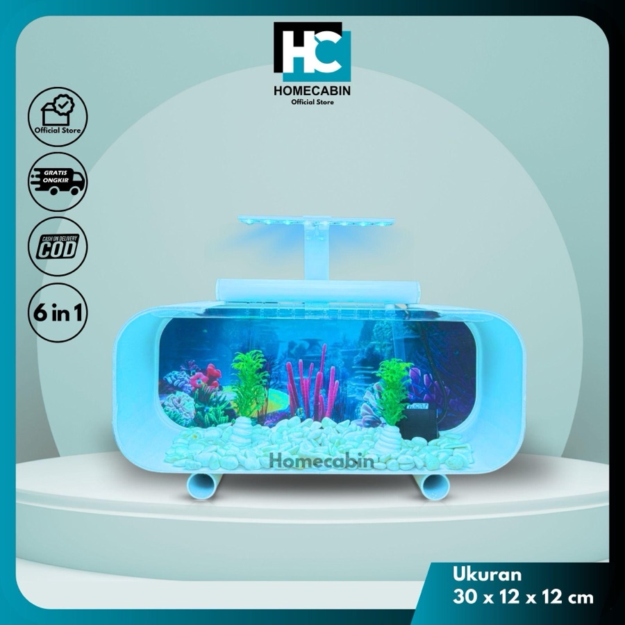 Aquarium Akrilik Homecabin Fullset Pompa Filter FK 6 in 1 Ukuran 30 x 12 x 12 cm untuk Hiasan Rumah dan Dekorasi